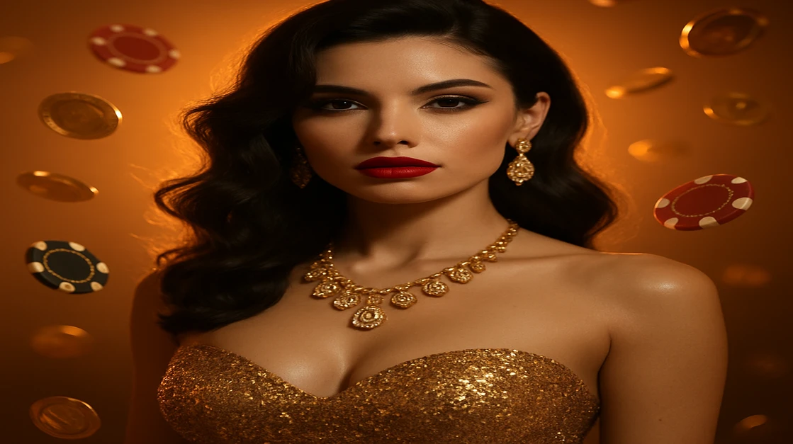 গোল্ডেন পোশাক ও গহনায় সজ্জিত এক চমৎকার নারী জ্বলন্ত আলোয় ভরা cv44–এর গেমিং প্ল্যাটফর্মের দীপ্ত চিপস দ্বারা চারদিকে ঘেরা, দগ্ধ-গ্ল্যামার সেটিংয়ে।