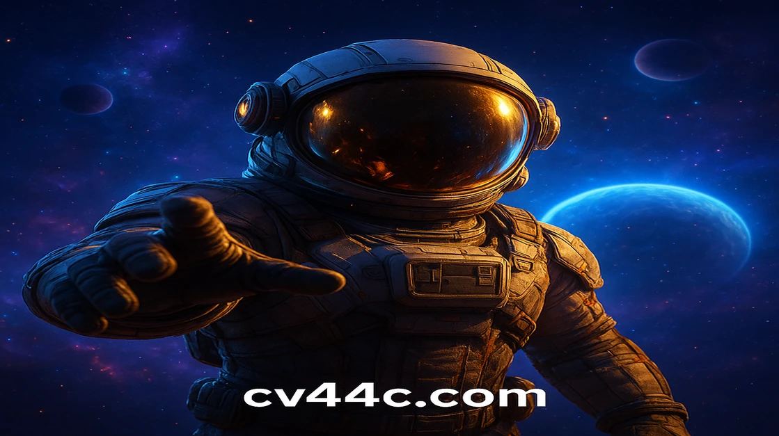 cv44-এর গেমিং উপস্থাপনায় একজন বীর নভচারী মহাশূন্যে ভাসছেন; হেলমেটের প্রতিফলনে গ্যালাক্সাগুলো দেখা যায় এবং পিছনে গ্রহগুলো কক্ষপথে ঘোরে।